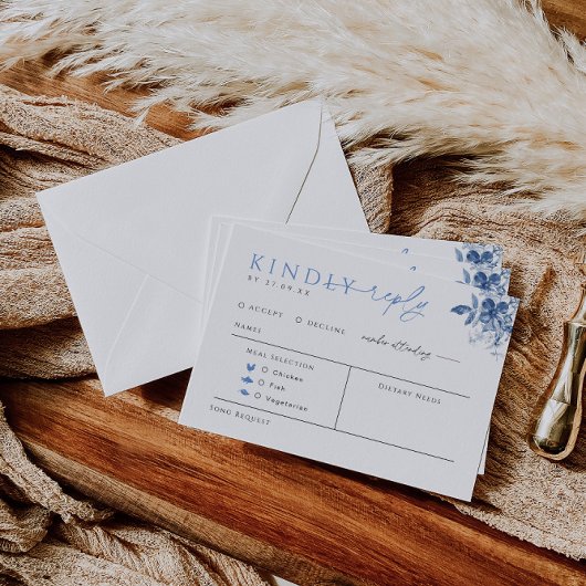 Blue Toile Wedding Reply Kaart met Maaltijdkeuze