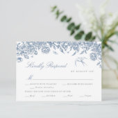 Blue Toile Wedding RSVP Kaart met Maaltijdkeuzes (Staand voorkant)