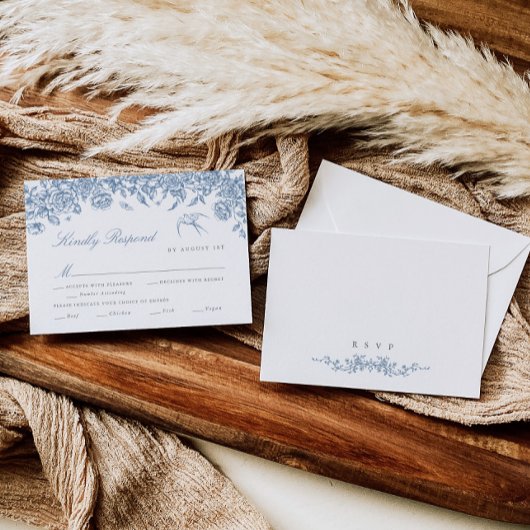 Blue Toile Wedding RSVP Kaart met Maaltijdkeuzes