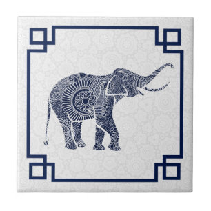 Blue Tones Leuke Retro Bloemenolifant 2 met Lijst Tegeltje
