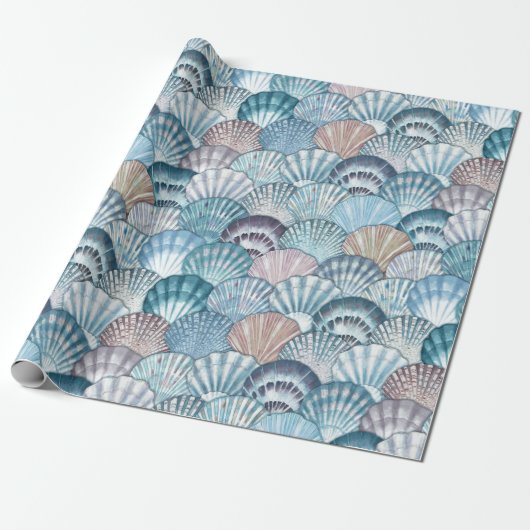 Blue Tones Zee Shell Pattern Cadeaupapier (Uitgerold)