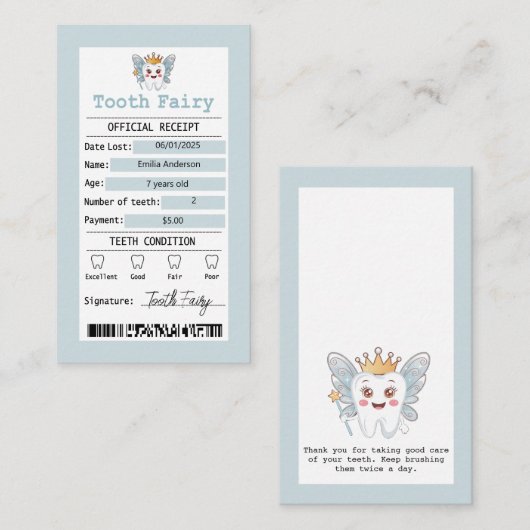 Blue Tooth Fairy Receipt Flat Note Kaart Notitiekaartje (Voorkant / Achterkant)