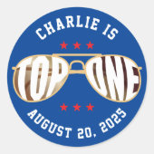 Blue Top One Fighter Pilot Theme Eerste Verjaardag Ronde Sticker (Voorkant)