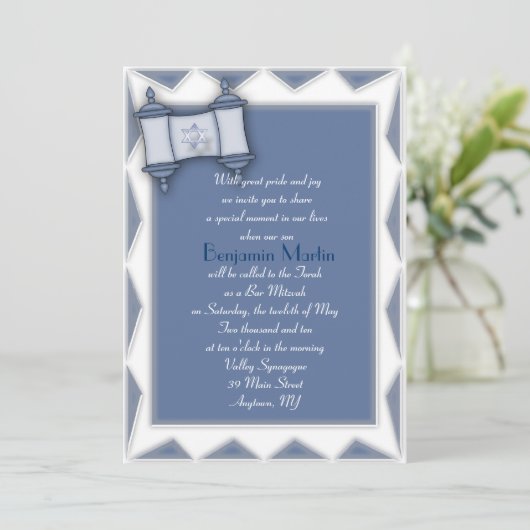 Blue Torah Bar Mitzvah Uitnodiging (Staand voorkant)