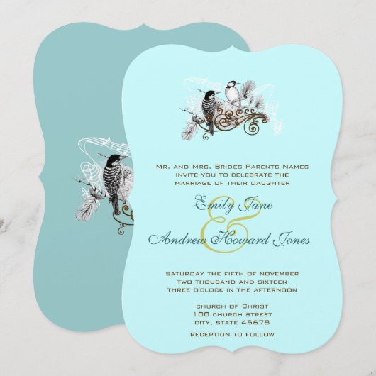 Blue  Tortelduifjes Wedding Invitation Kaart (Voorkant / Achterkant)