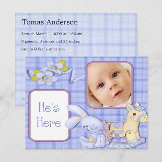 Blue Toys Fotogeboorteaankondiging Aankondigingskaart (Voorkant / Achterkant)