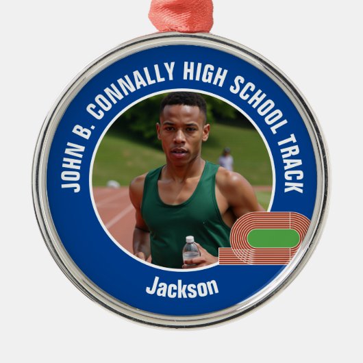 Blue Track & Field Photo High School Christmas Metalen Ornament (Voorkant)