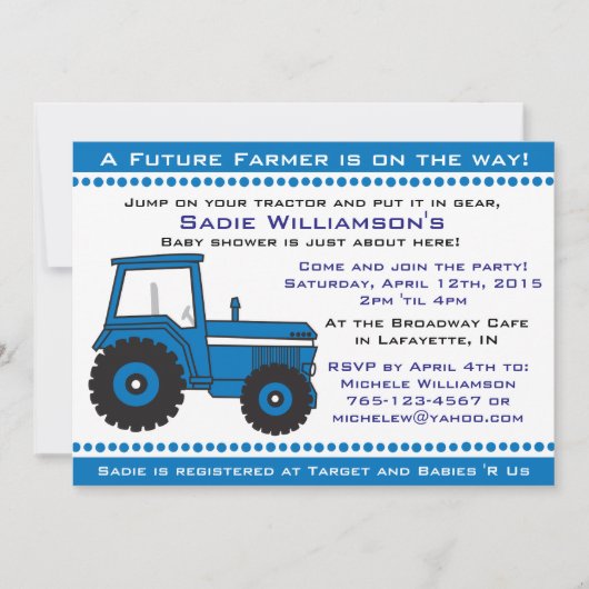Blue Tractor Baby shower Invitation Kaart (Voorkant)