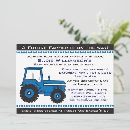 Blue Tractor Baby shower Invitation Kaart (Staand voorkant)