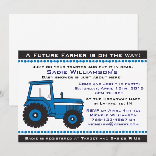 Blue Tractor Baby shower Invitation Kaart (Voorkant / Achterkant)