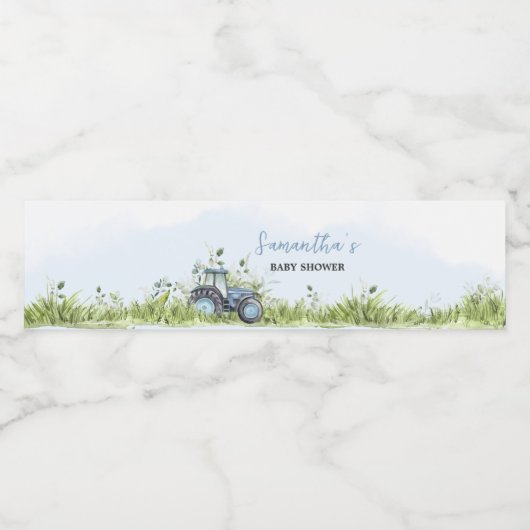 Blue Tractor Baby shower Waterfles Etiket (Enkel label)