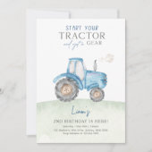 Blue Tractor Birthday Party Invitation Kaart (Voorkant)