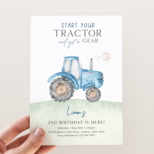 Blue Tractor Birthday Party Invitation Kaart