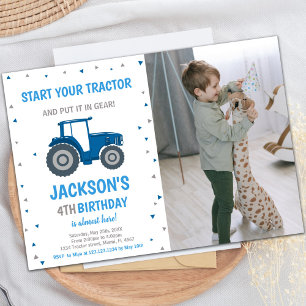 Blue Tractor Birthday-uitnodigingen met foto Kaart