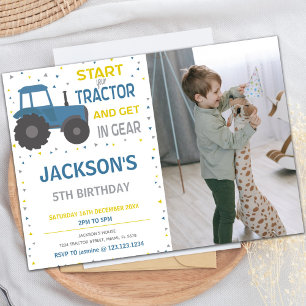 Blue Tractor Birthday-uitnodigingen met foto Kaart