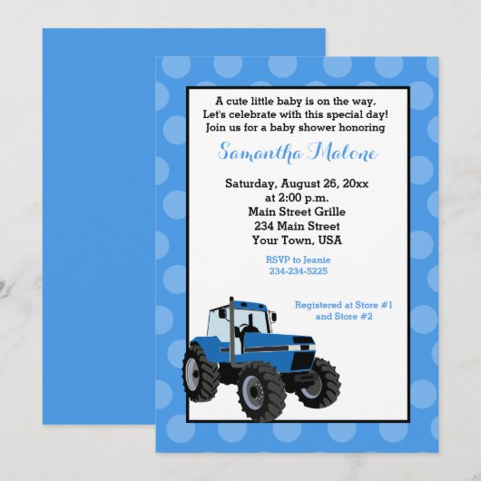 Blue Tractor Farming Baby shower Invitation #2 Kaart (Voorkant / Achterkant)