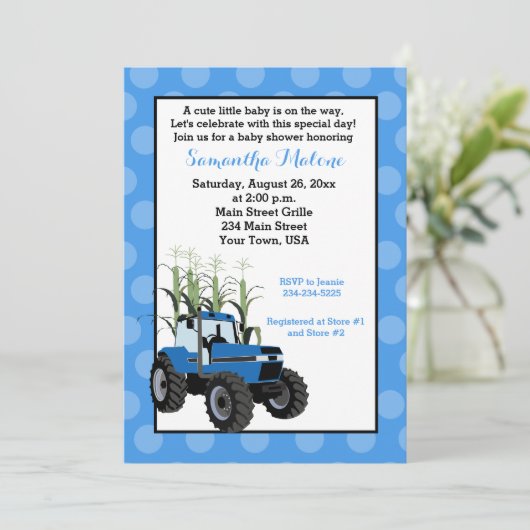 Blue Tractor Farming Baby shower Invitation Kaart (Staand voorkant)