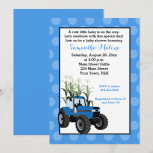 Blue Tractor Farming Baby shower Invitation Kaart