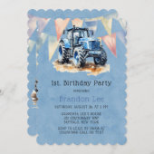 Blue Tractor Flag Waterverf Boy 1st. verjaardagsfe Kaart (Voorkant / Achterkant)