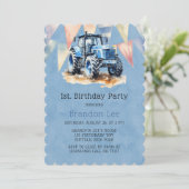 Blue Tractor Flag Waterverf Boy 1st. verjaardagsfe Kaart (Staand voorkant)