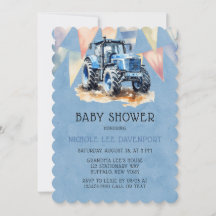 Blue Tractor Flag Waterverf Boy Baby shower