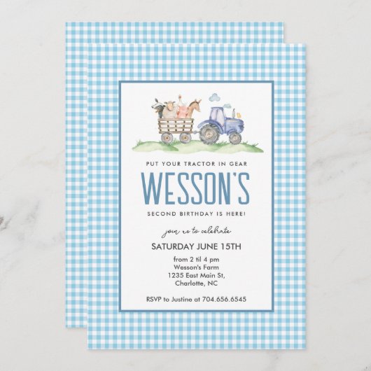 Blue Tractor Verjaardag, Boerderij Verjaardagsuitn Kaart (Voorkant / Achterkant)