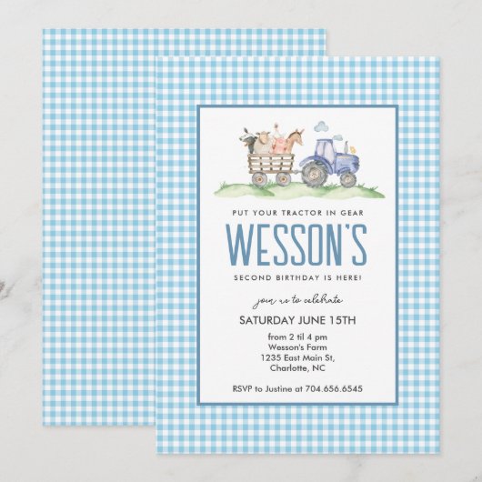 Blue Tractor Verjaardag, Boerderij Verjaardagsuitn Kaart (Voorkant / Achterkant)