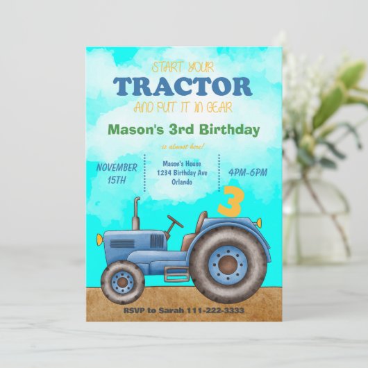 Blue Tractor Verjaardag uitnodiging (Staand voorkant)
