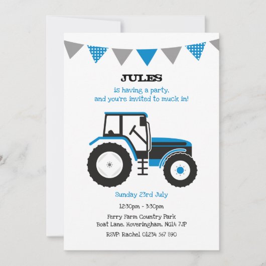 Blue Tractor Verjaardagsfeestje Uitnodigen Kaart (Voorkant)