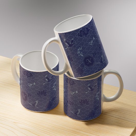 Blue Traditional Japanese Wave Seigaiha Monogram Koffiemok