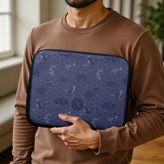 Blue Traditional Japanese Wave Seigaiha Monogram Laptop Sleeve (Creator heeft geüpload)