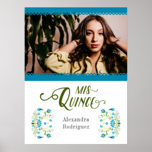 Blue Traditional Mexican Floral Foto Quinceanera Poster
