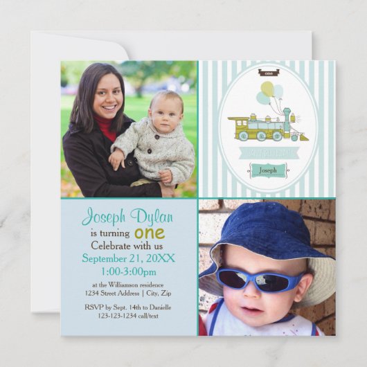 Blue Train 2 Foto Kinder - Verjaardagsuitnodiging Kaart (Voorkant)