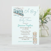 Blue Train Oh Boy baby shower uitnodiging (Staand voorkant)