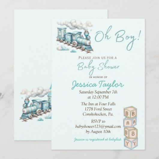 Blue Train Oh Boy baby shower uitnodiging (Voorkant / Achterkant)