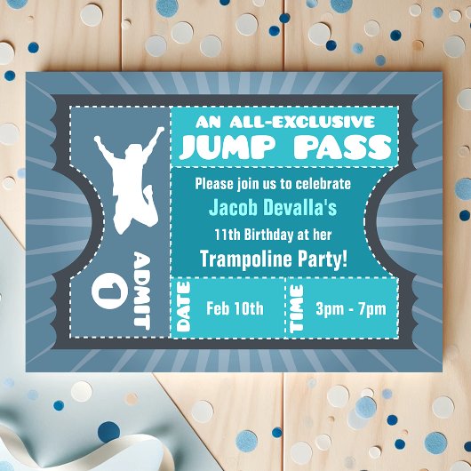 Blue Trampoline Jump Pass Invitation Kaart