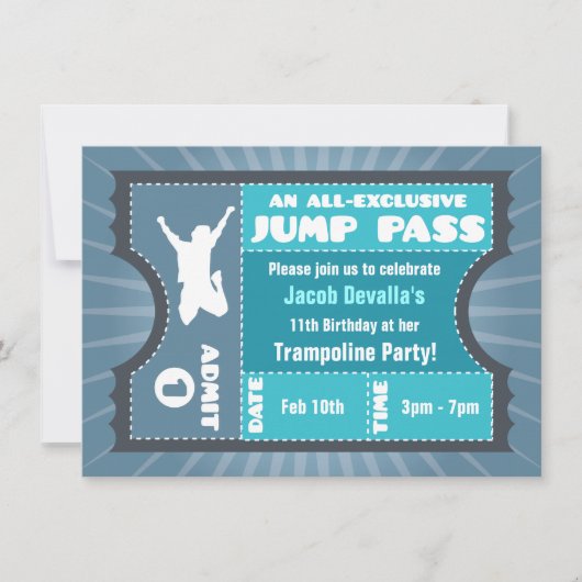 Blue Trampoline Jump Pass Invitation Kaart (Voorkant)