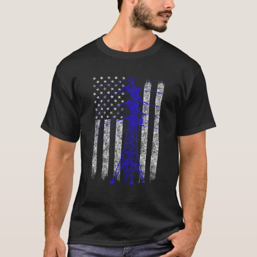 Blue Transmission Tower American Flag Lineman Elec T-shirt (Voorkant)
