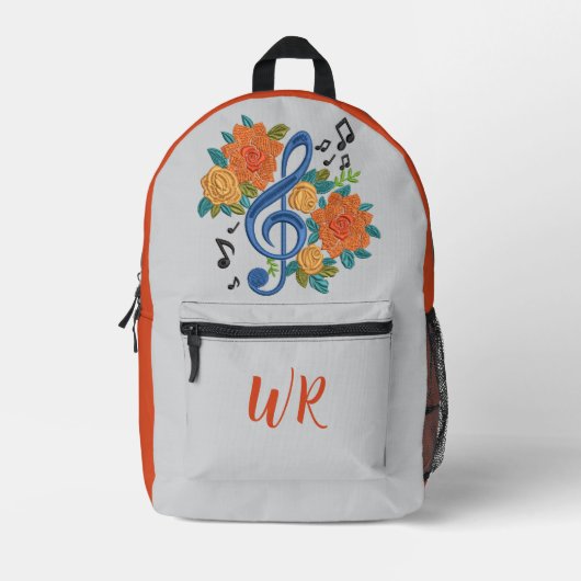 Blue Treble Clef Music Note Oranje Initialen Bedrukte Rugzak (Voorkant)