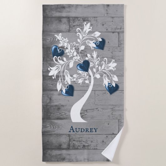 Blue Tree of Hearts Personalized Beach Towel Strandlaken (Voorkant)