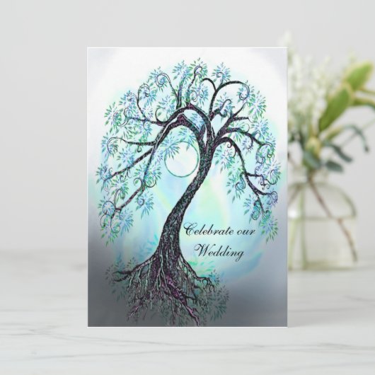 Blue Tree of Life Wedding Invitation Kaart (Staand voorkant)