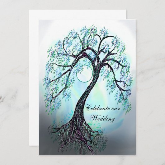 Blue Tree of Life Wedding Invitation Kaart (Voorkant / Achterkant)
