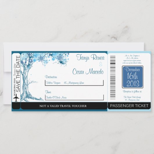 Blue Tree / Sneeuw Boarding Pass Bruiloft uitnodig Kaart (Voorkant)