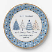 Blue Trees Stippen Modern Tekst Kerstvakantie Papieren Bordje (Voorkant)