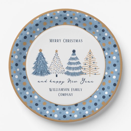 Blue Trees Stippen Modern Tekst Kerstvakantie Papieren Bordje (Voorkant)