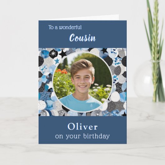Blue Trendy Modern Cousin Birthday Custom Photo Kaart (Voorkant)