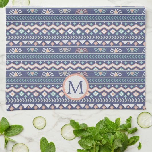 Blue Tribal Pattern Monogram Theedoek (Gevouwen)