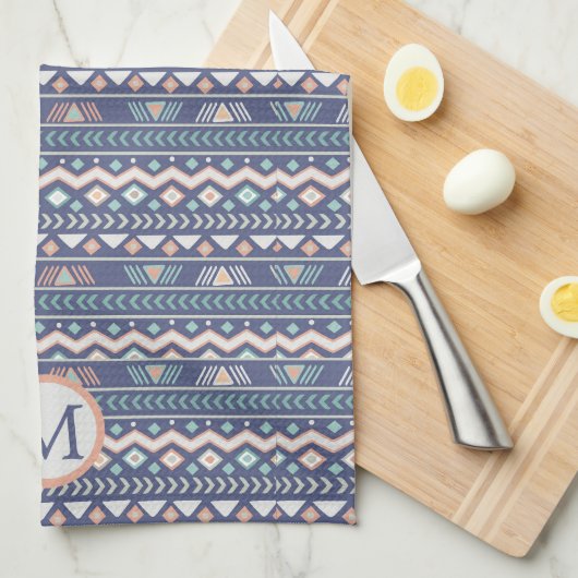 Blue Tribal Pattern Monogram Theedoek (Quarter Fold)