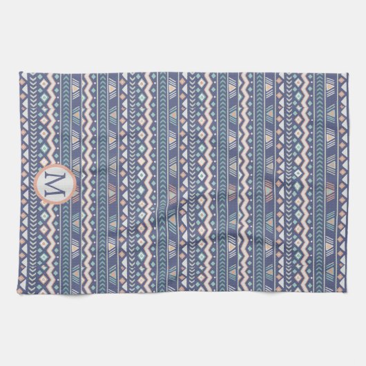 Blue Tribal Pattern Monogram Theedoek (Horizontaal)