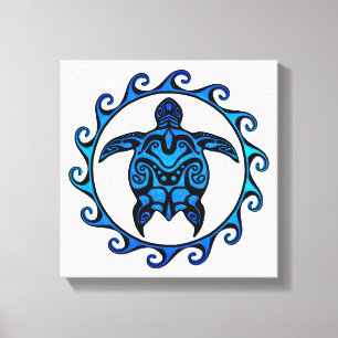 Blue Tribal Turtle Sun Canvas Afdruk